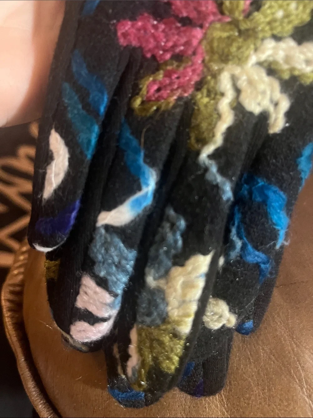 Embroidered Floral Knit Gloves - Black with Multicolor Accents